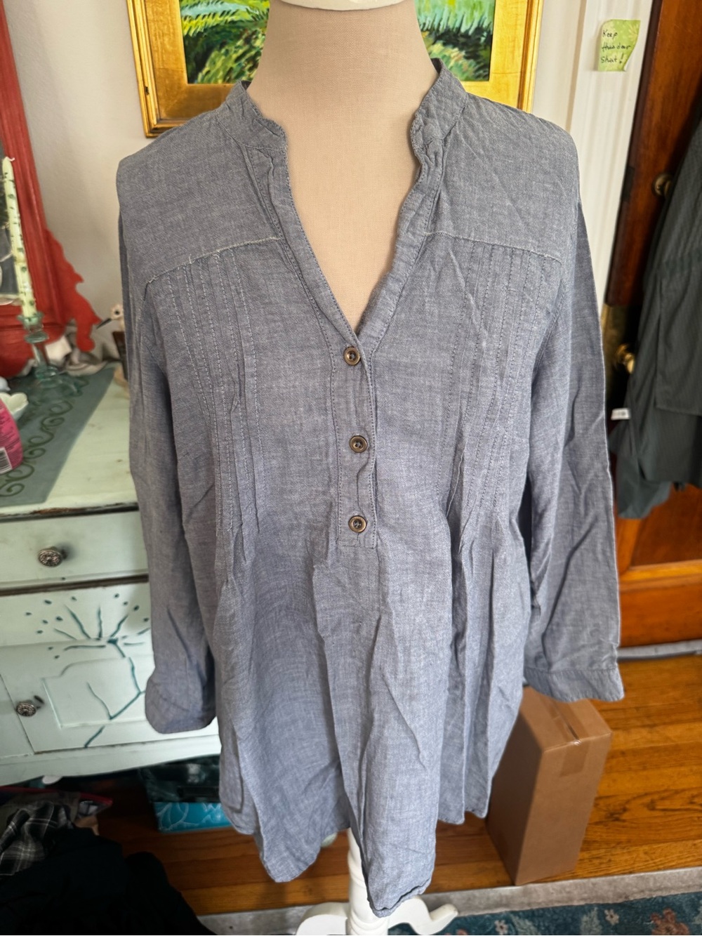 Millenium Denim Blue Cotton Button Henley Shirt Plus Size 1X VGUC Summer